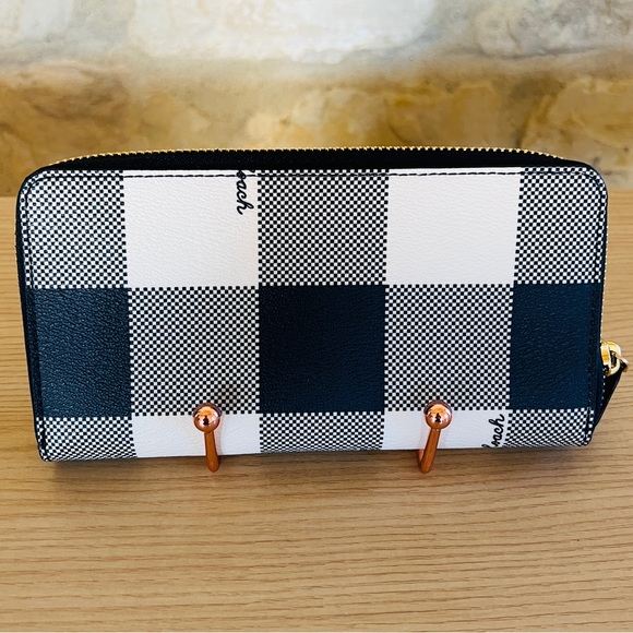 Coach Accordion Buffalo Plaid Zip Accordion Wallet NWT Navy/ white - Picture 5 of 8